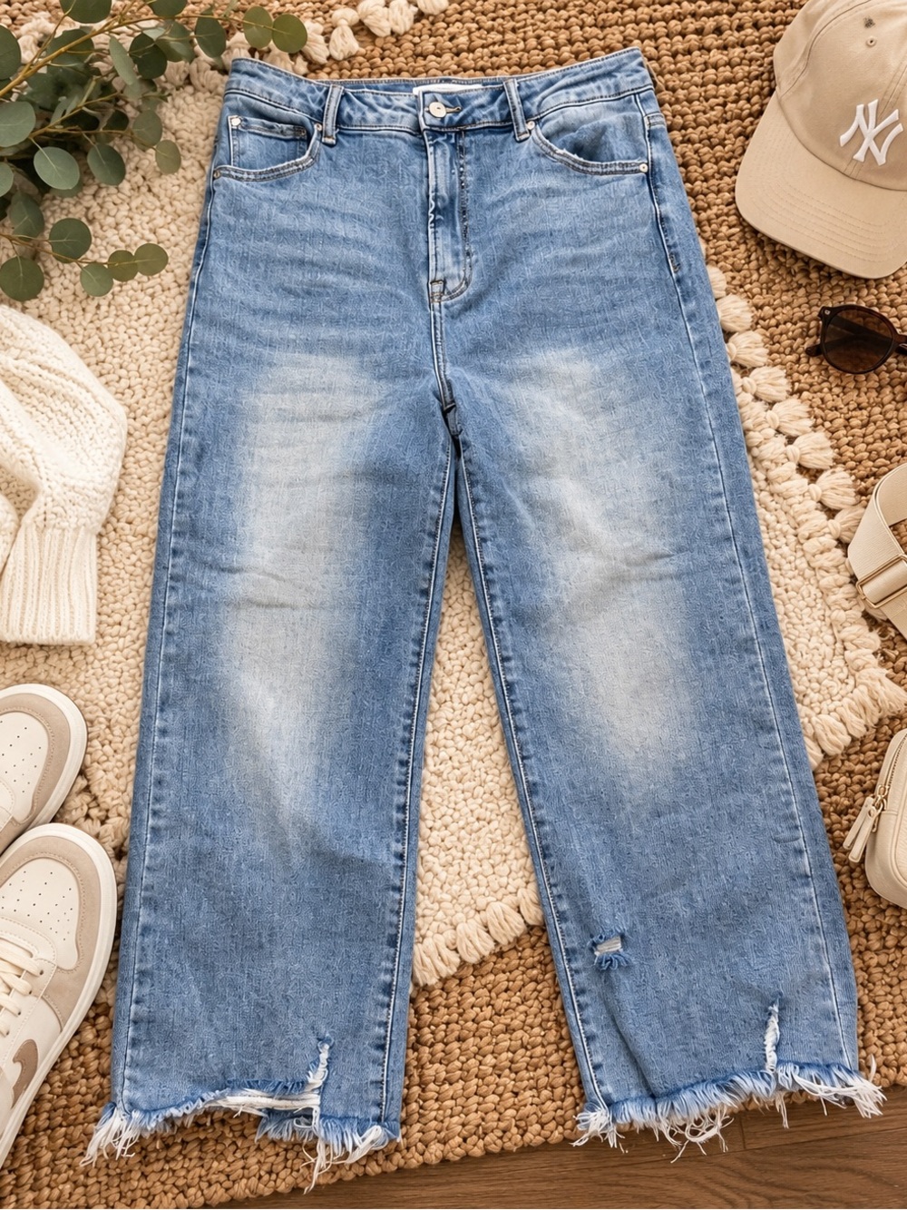 Risen Jeans Size 13/31 High Rise Straight Leg Light Wash Distressed Raw Hem